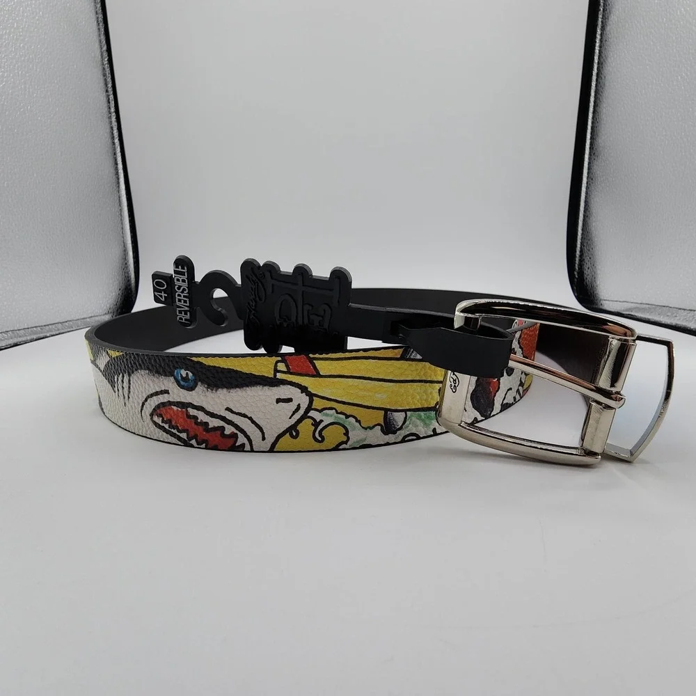 Ed Hardy‎ Surf Crazy Reversible Belt Mens Size 40 Graphic Print Metal Buckle NEW